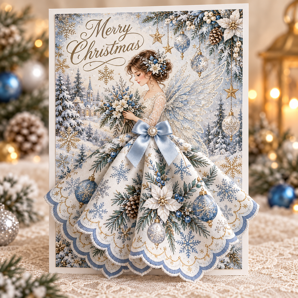 Blue winter Christmas angel greeting card with snowflake dress