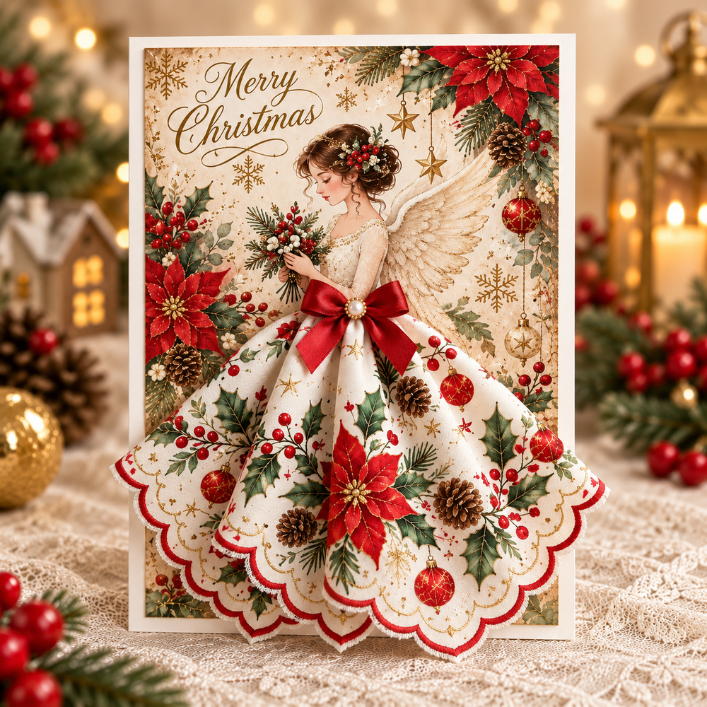 Poinsettia Christmas angel greeting card with red bow and dimensional dress