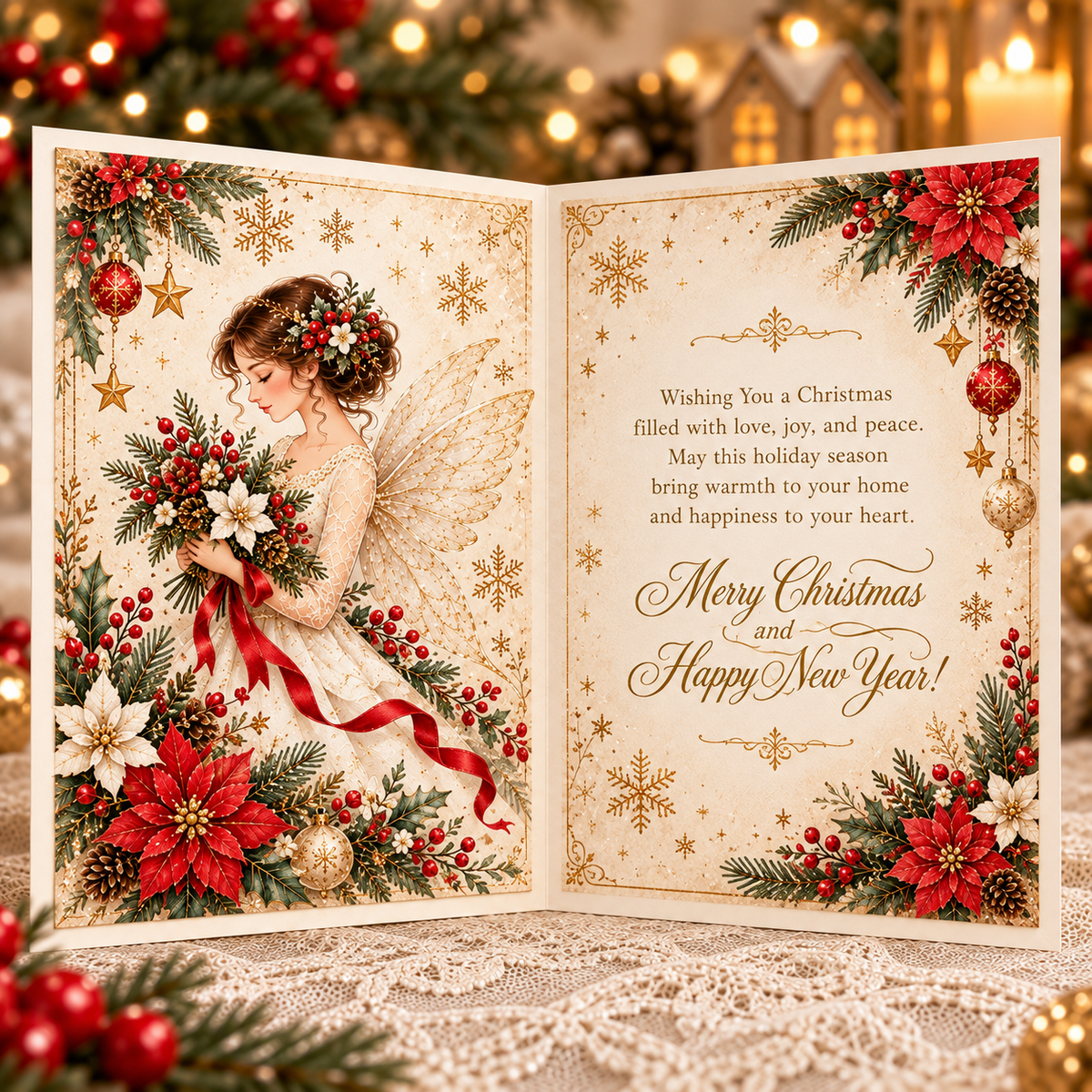 Christmas angel greeting card opened to reveal its illustrated interior and holiday message