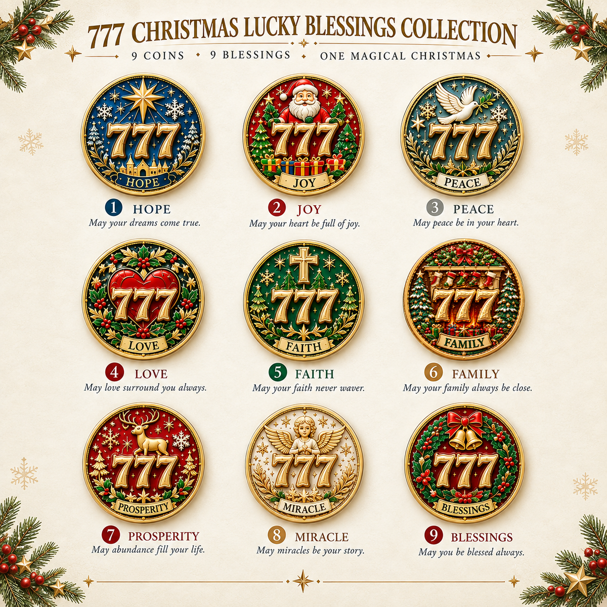 🎄✨ Lucky 777 Christmas Blessing Medallions Set — 9-Piece Holiday Collectible Coins 🎁