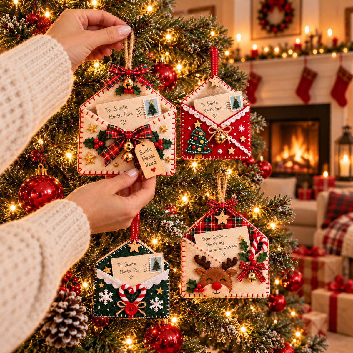 🎄 Letters to Santa Felt Envelope Christmas Tree Ornaments | 6 Festive Styles