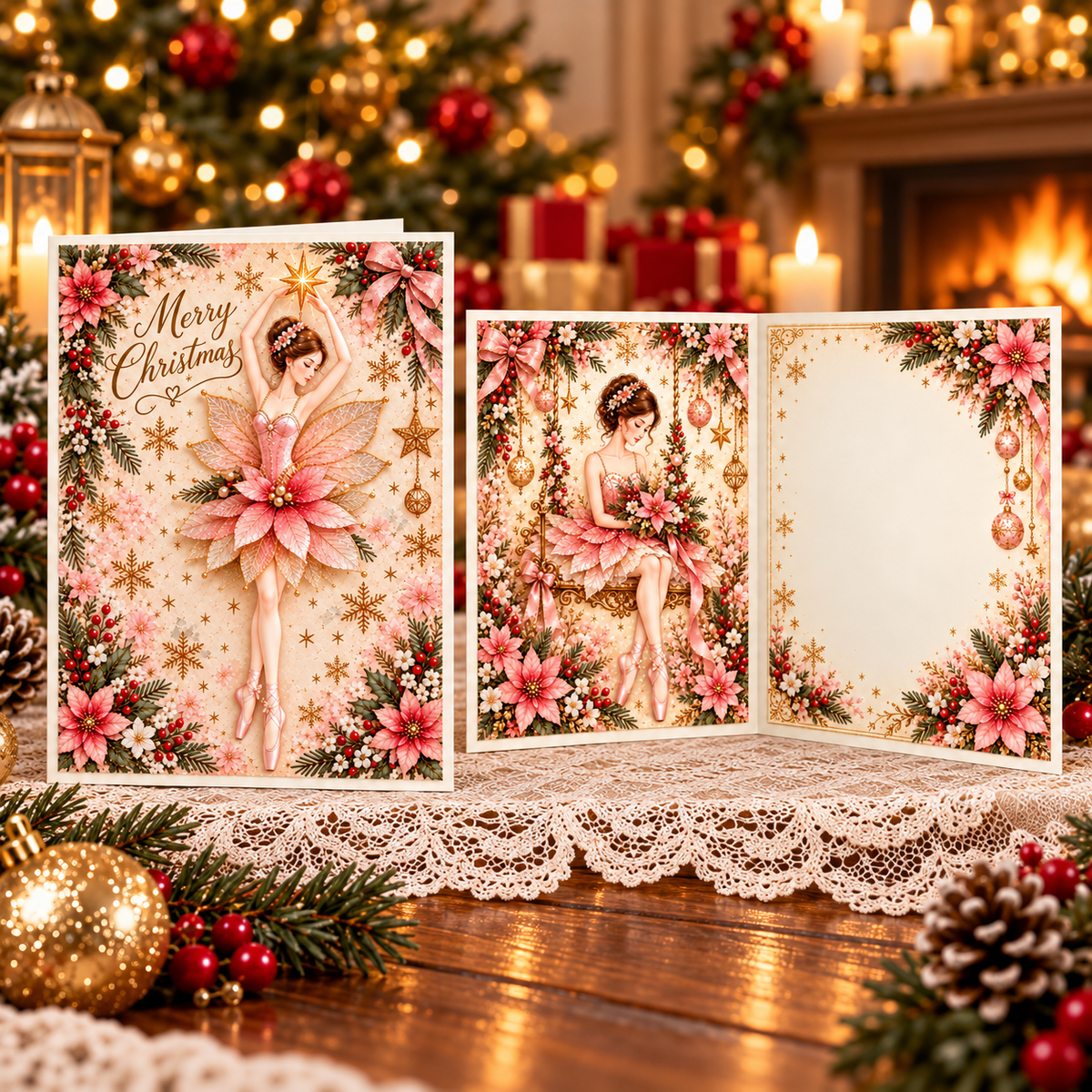 Christmas Ballerina Greeting Card – Magical Fairy Dance & Golden Star Design