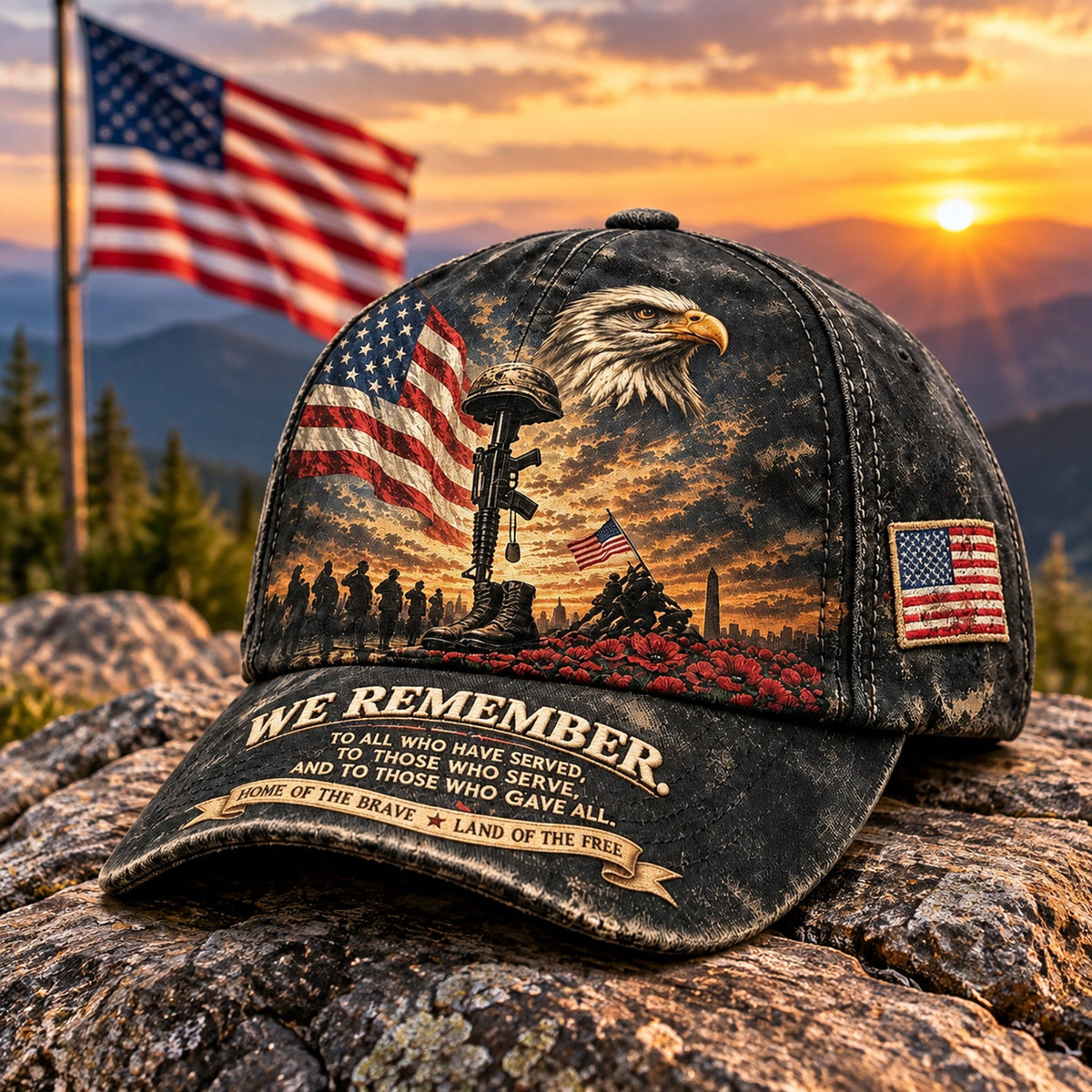 We Remember patriotic cap with eagle and memorial artwork