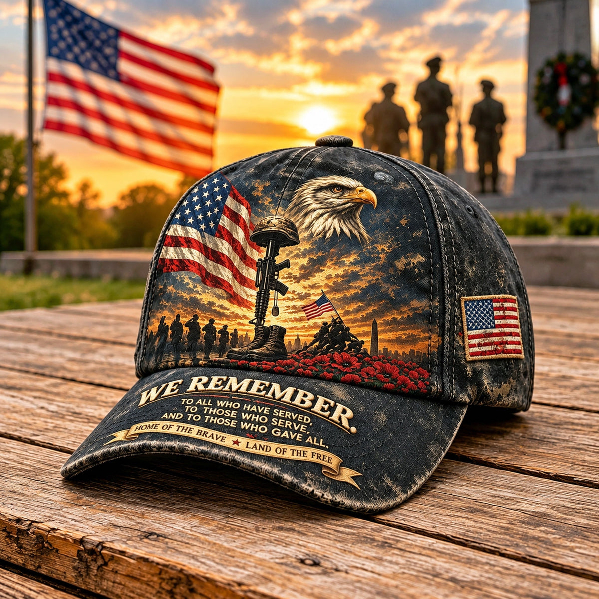 Close view of the cap's eagle, American flag, battlefield cross, red poppies and brim lettering