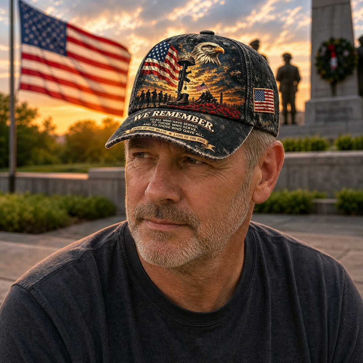 Man wearing the We Remember cap outdoors