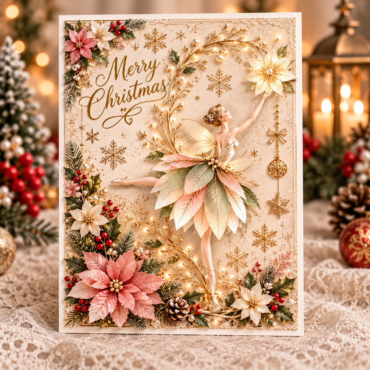 Christmas Ballerina Greeting Card – Magical Fairy Dance & Golden Star Design