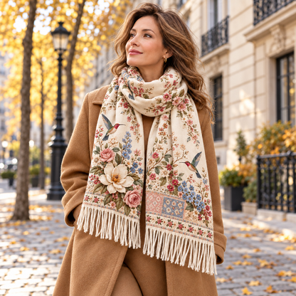 🌸 Vintage Garden Floral Winter Scarf – Elegant Fringed Wrap