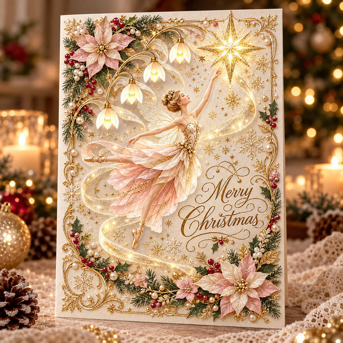 Christmas Ballerina Greeting Card – Magical Fairy Dance & Golden Star Design