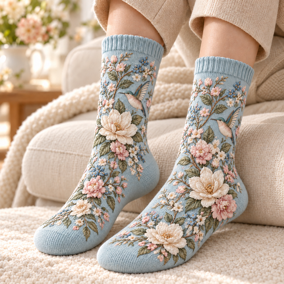 🌸 Women’s Floral Plush-Lined Winter Socks