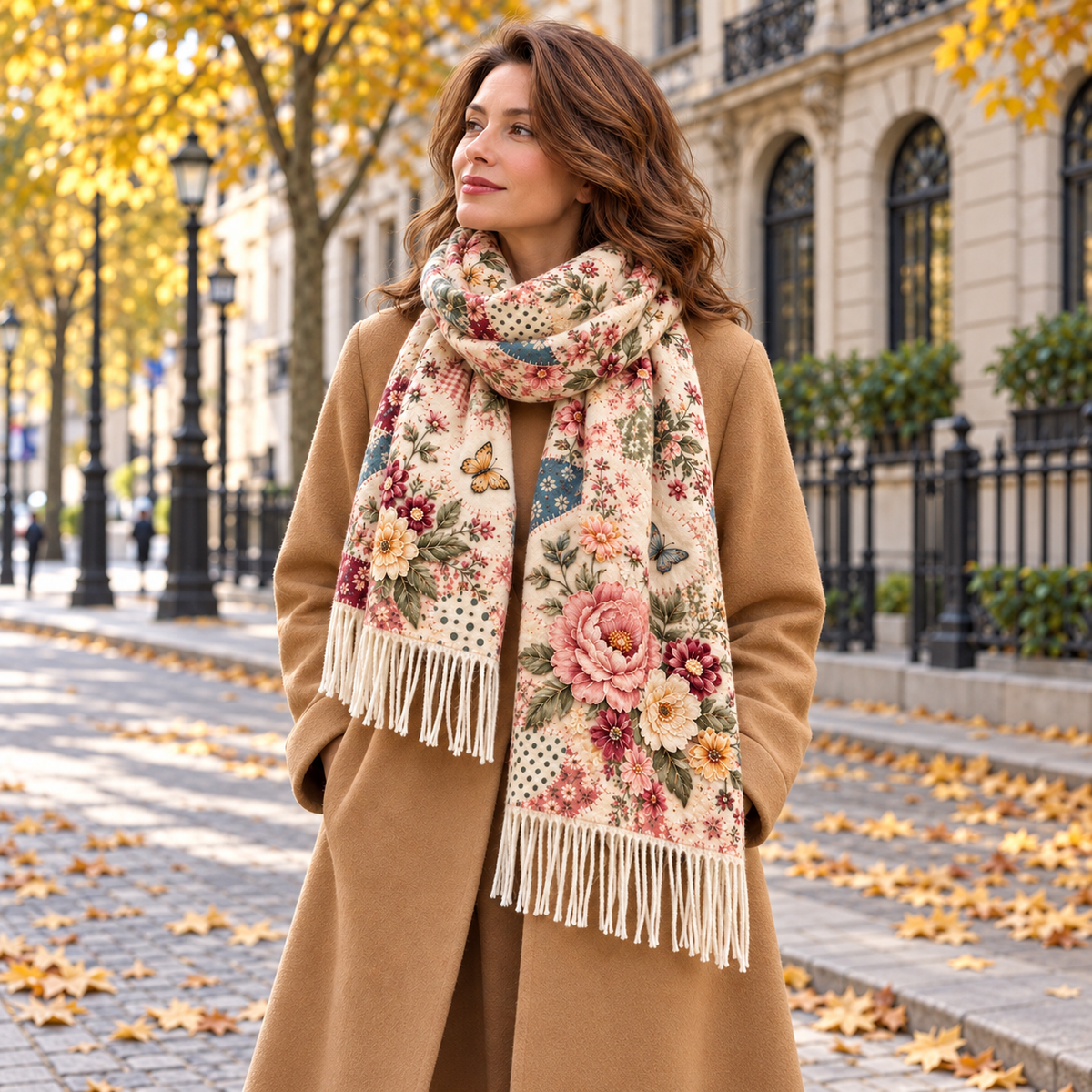 🌸 Vintage Garden Floral Winter Scarf – Elegant Fringed Wrap