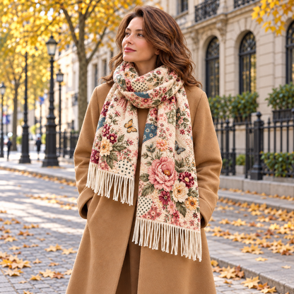 🌸 Vintage Garden Floral Winter Scarf – Elegant Fringed Wrap