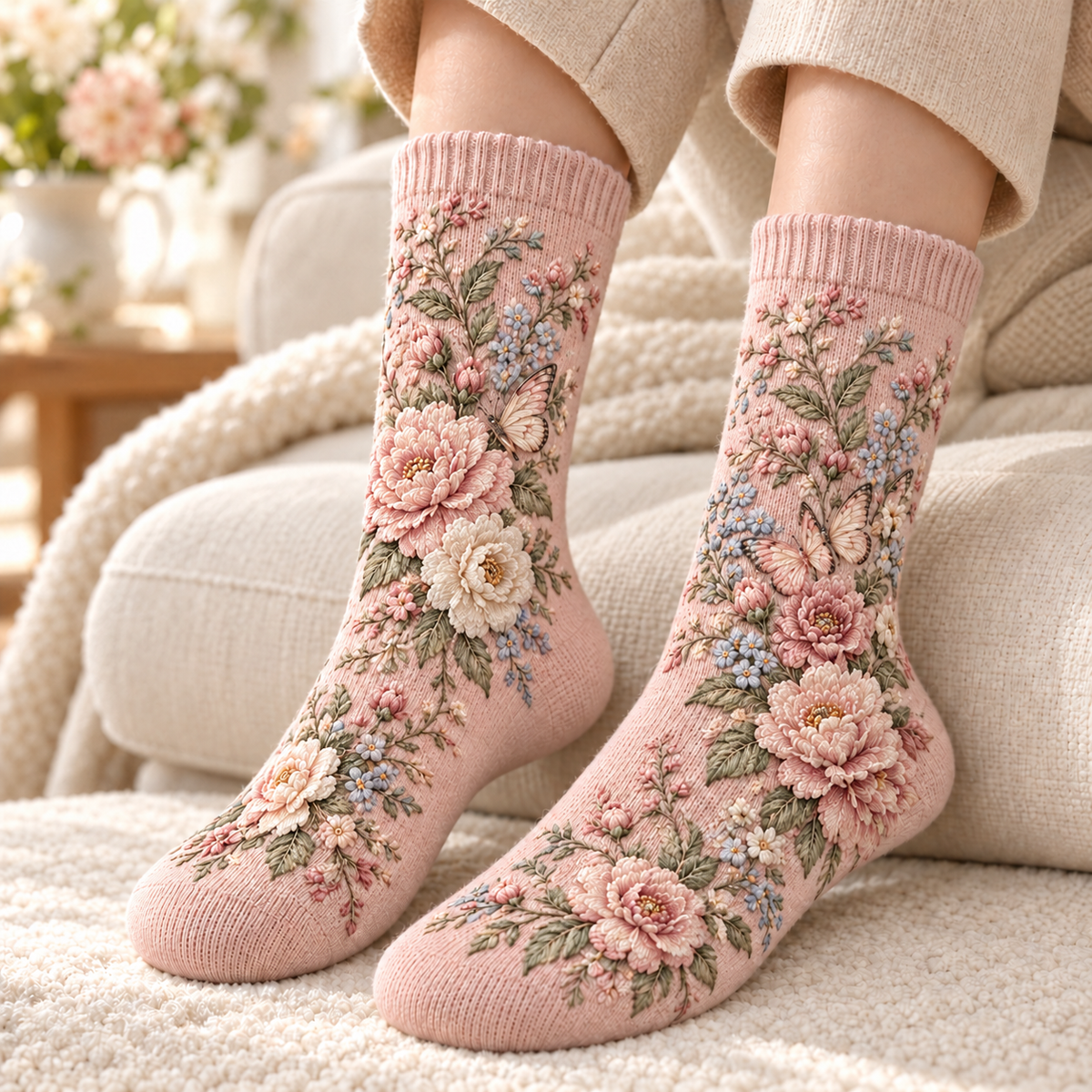 🌸 Women’s Floral Plush-Lined Winter Socks