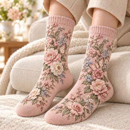 🌸 Women’s Floral Plush-Lined Winter Socks