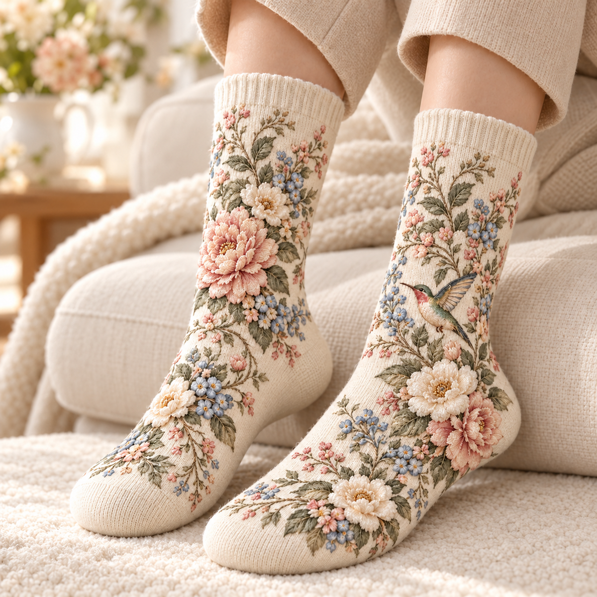 🌸 Women’s Floral Plush-Lined Winter Socks
