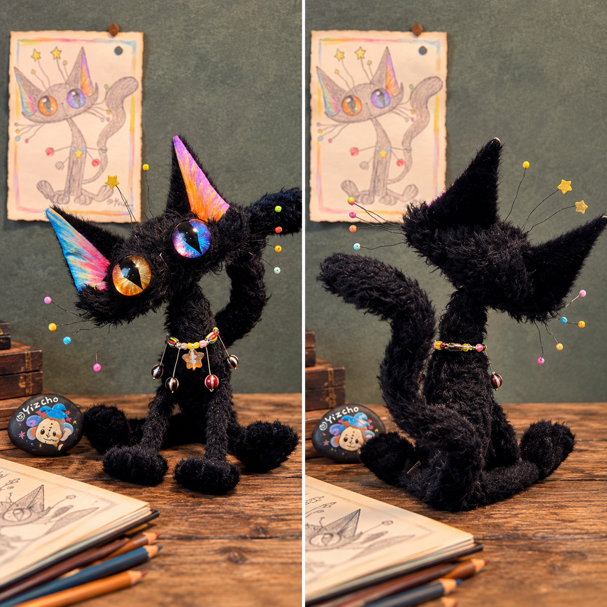 Whimsical Rainbow-Eared Black Cat Plush Doll – Magical Fantasy Cat Collectible & Home Decor