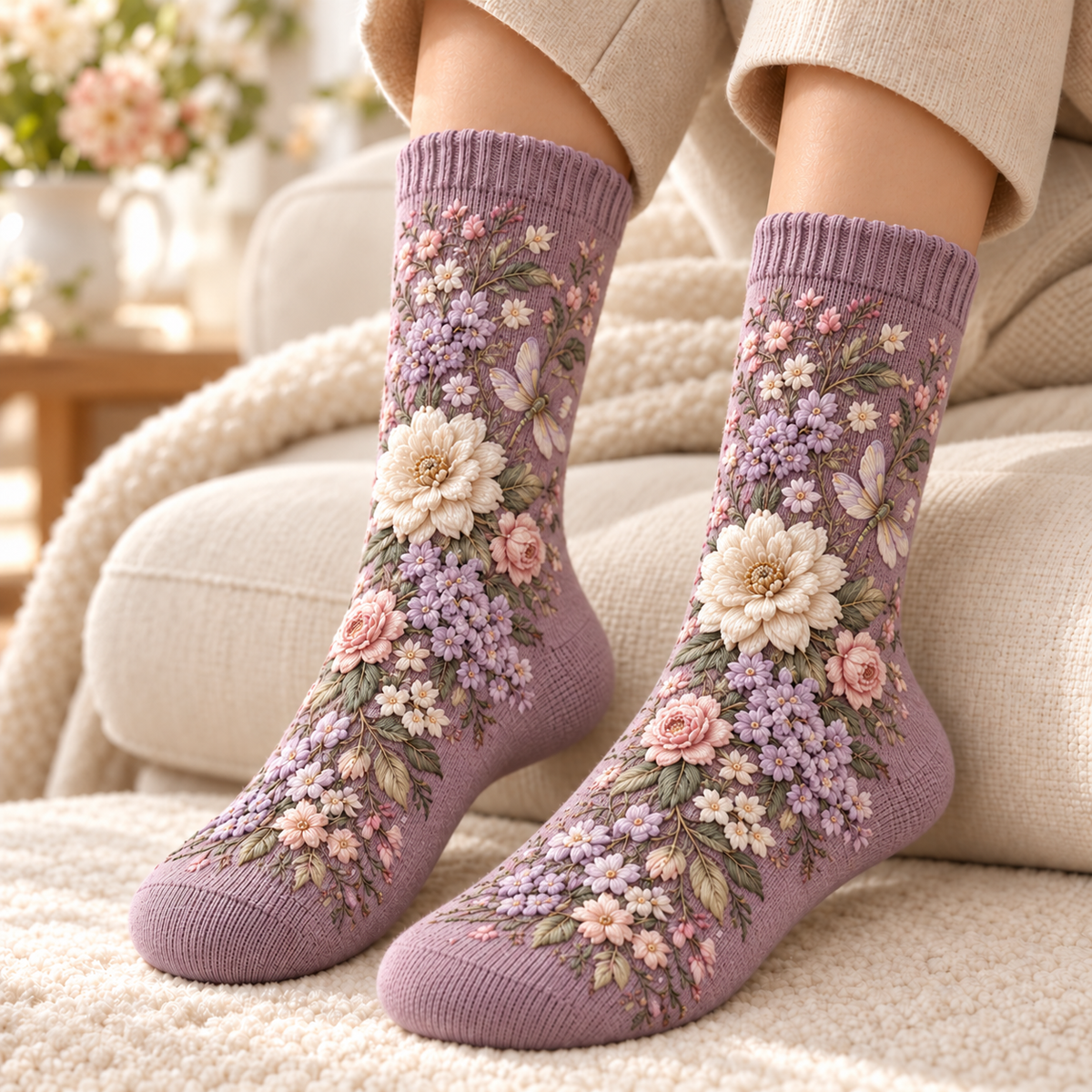 🌸 Women’s Floral Plush-Lined Winter Socks