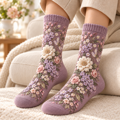 🌸 Women’s Floral Plush-Lined Winter Socks
