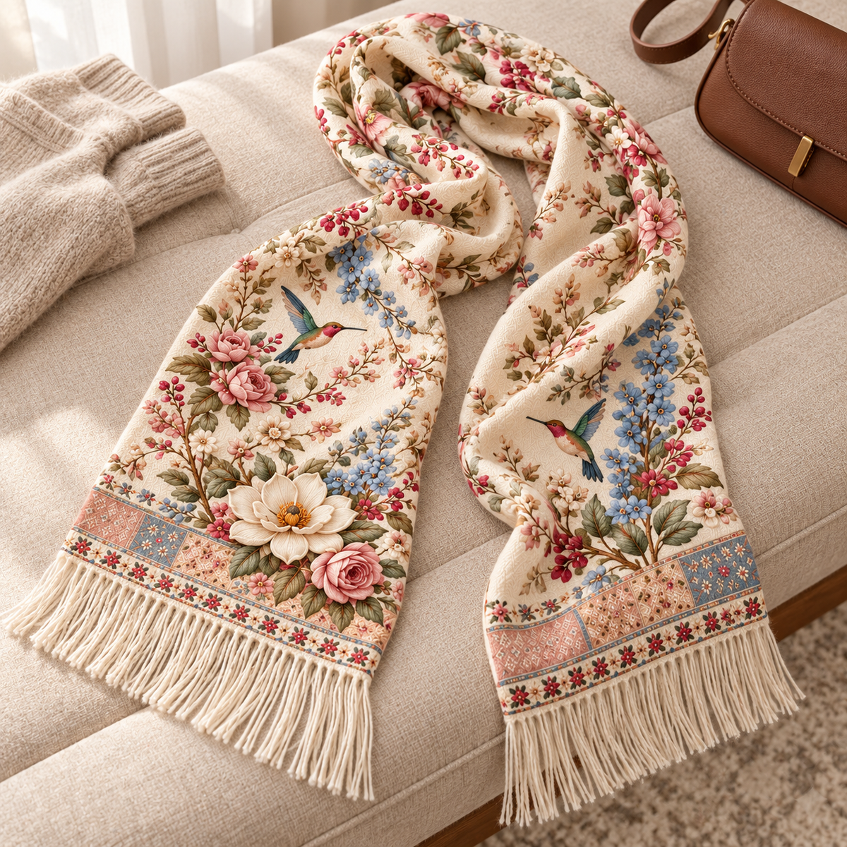 🌸 Vintage Garden Floral Winter Scarf – Elegant Fringed Wrap