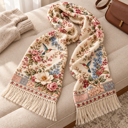 🌸 Vintage Garden Floral Winter Scarf – Elegant Fringed Wrap