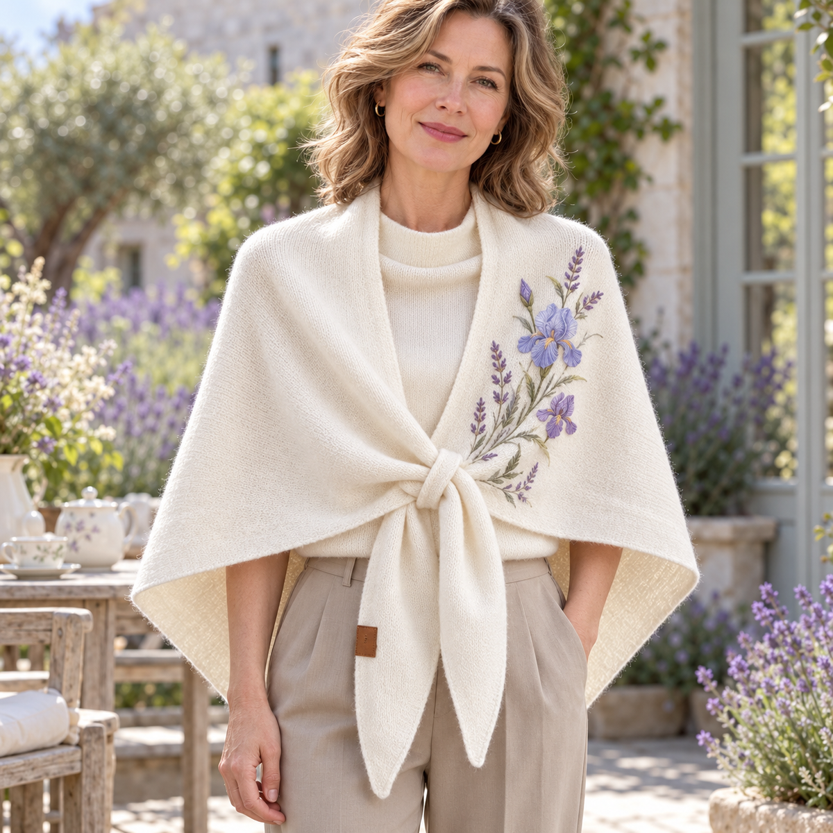 🌸 Elegant Floral Shawl – Ivory Shoulder Wrap with Front Loop