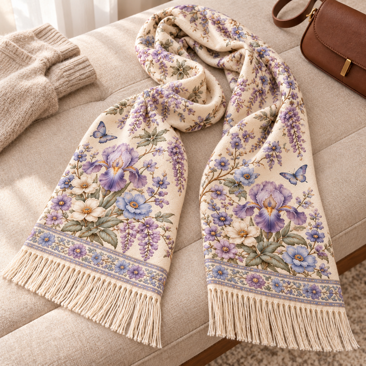 🌸 Vintage Garden Floral Winter Scarf – Elegant Fringed Wrap