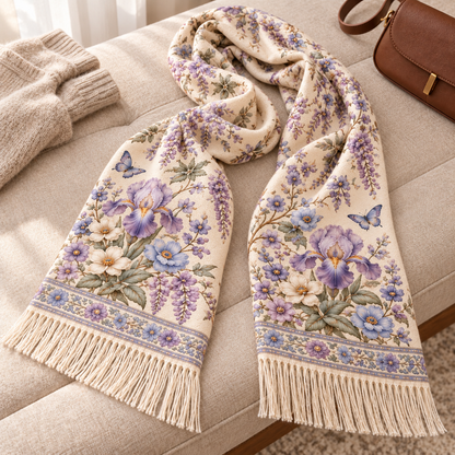 🌸 Vintage Garden Floral Winter Scarf – Elegant Fringed Wrap