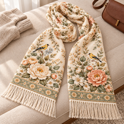 🌸 Vintage Garden Floral Winter Scarf – Elegant Fringed Wrap