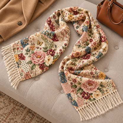 🌸 Vintage Garden Floral Winter Scarf – Elegant Fringed Wrap