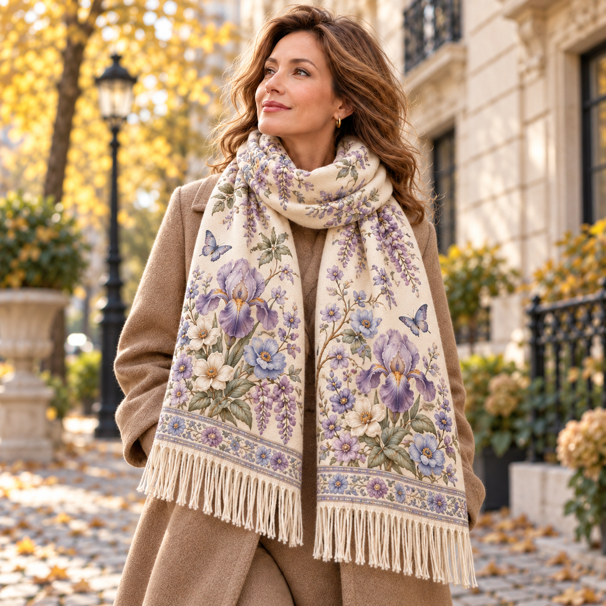 🌸 Vintage Garden Floral Winter Scarf – Elegant Fringed Wrap