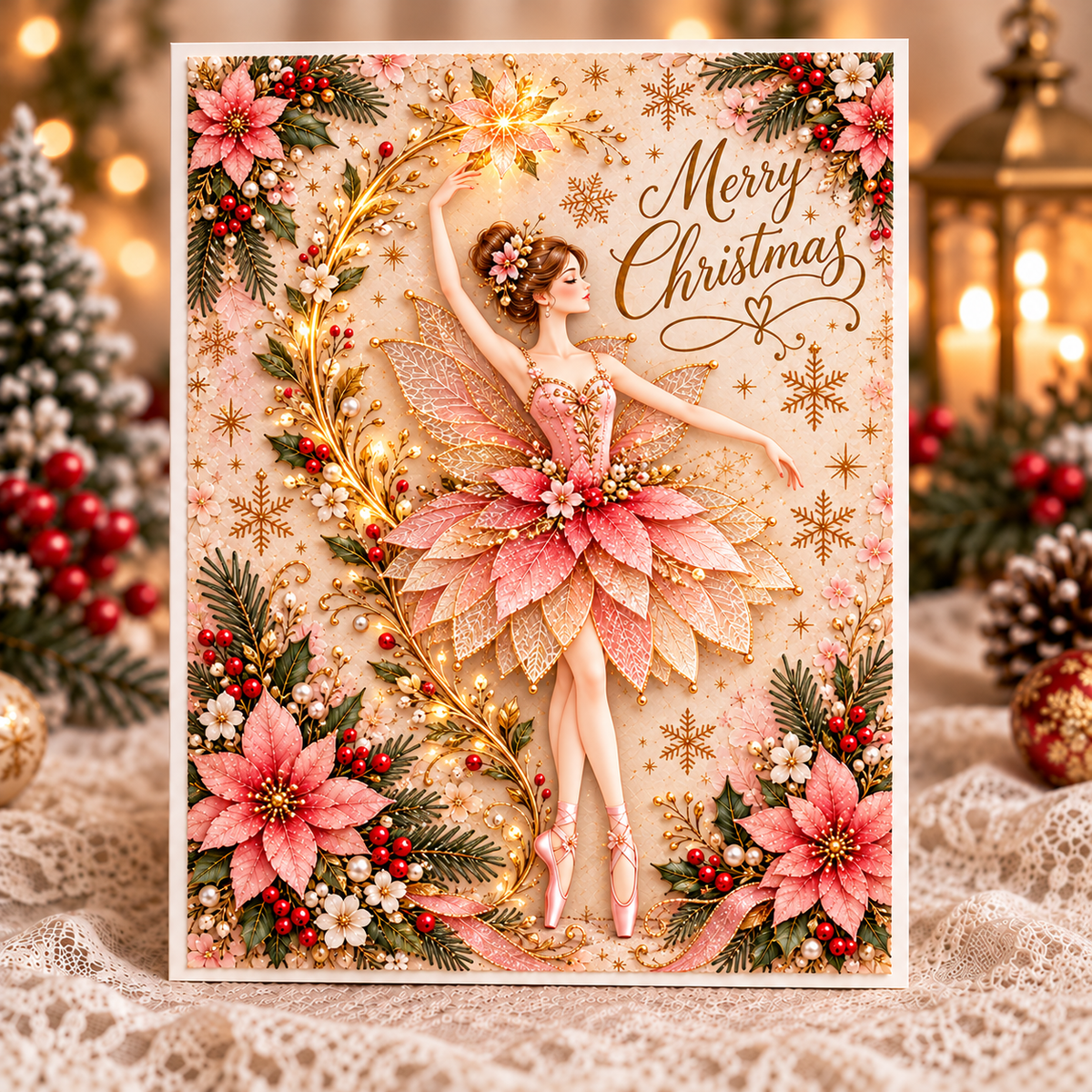 Christmas Ballerina Greeting Card – Magical Fairy Dance & Golden Star Design