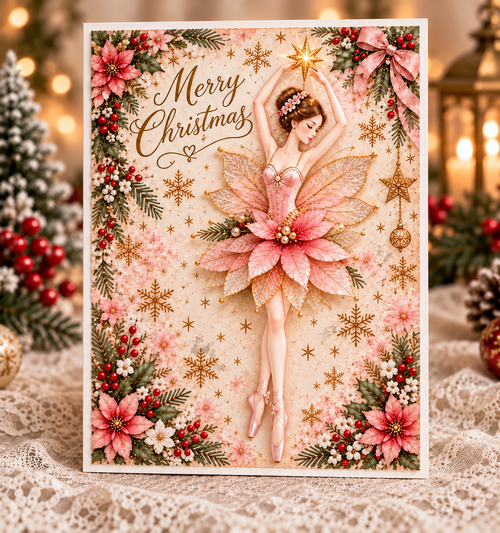 Christmas Ballerina Greeting Card – Magical Fairy Dance & Golden Star Design