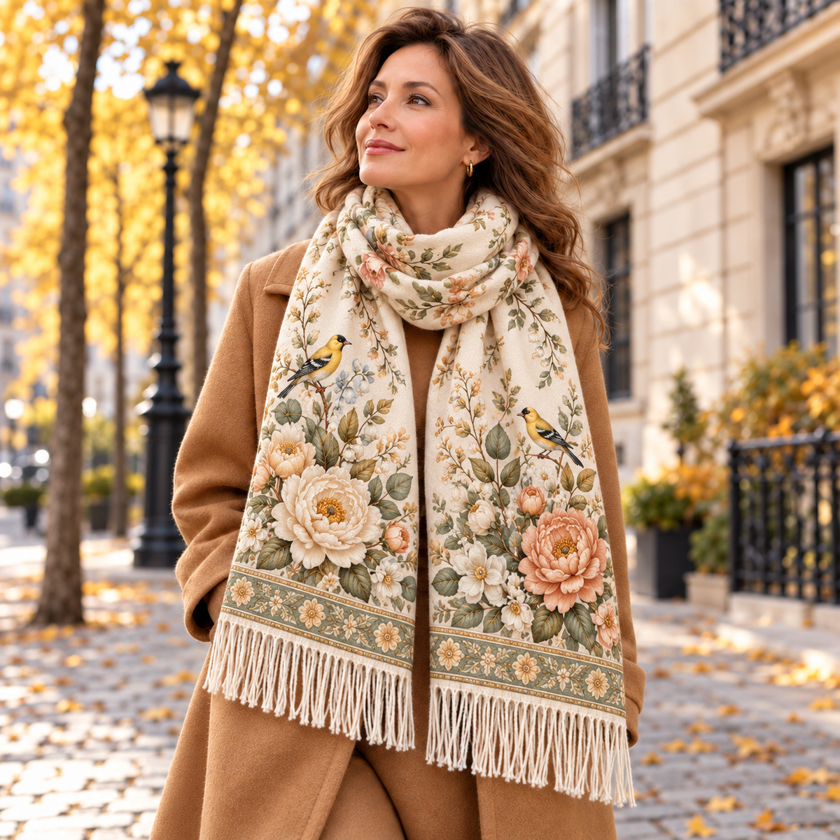 🌸 Vintage Garden Floral Winter Scarf – Elegant Fringed Wrap
