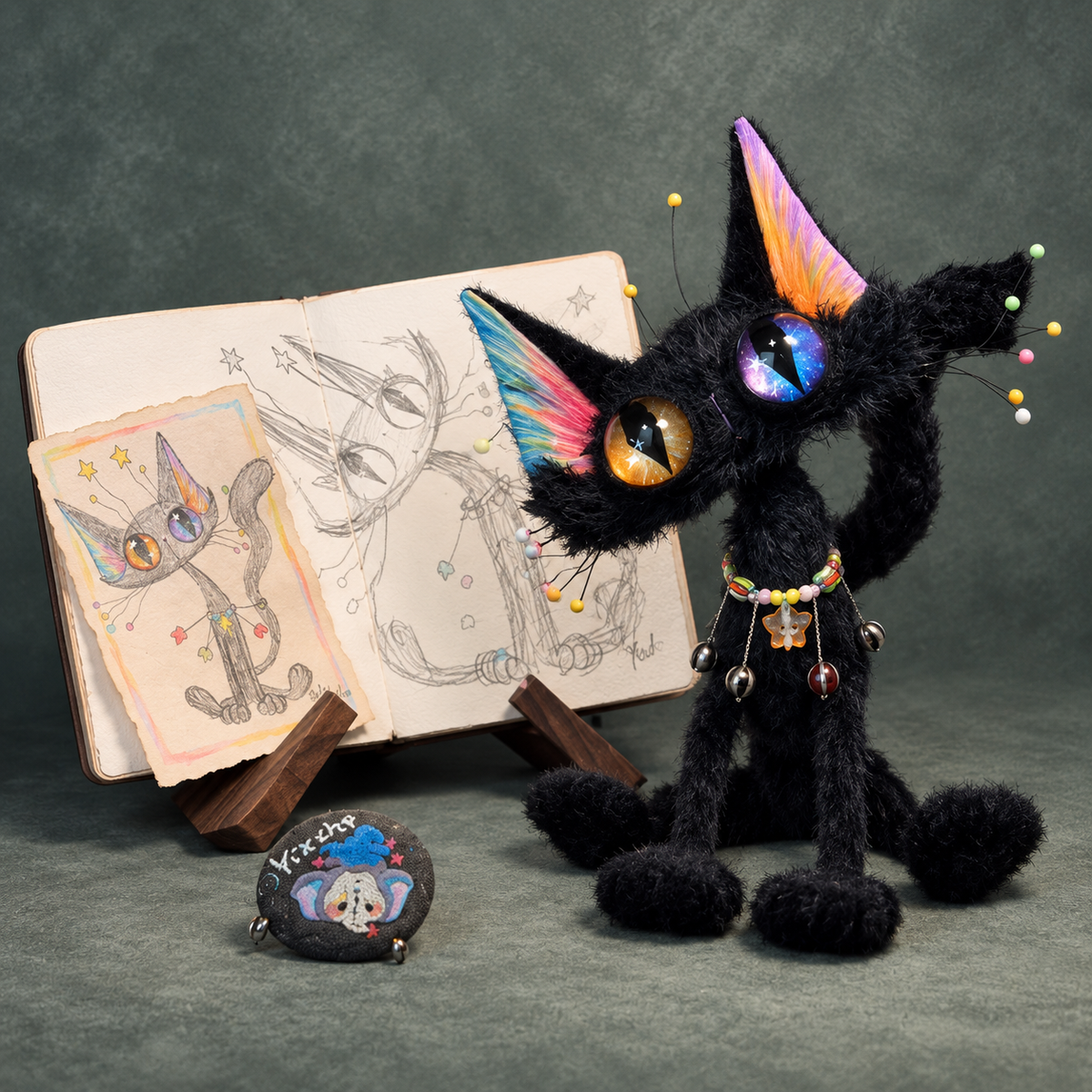 Whimsical Rainbow-Eared Black Cat Plush Doll – Magical Fantasy Cat Collectible & Home Decor