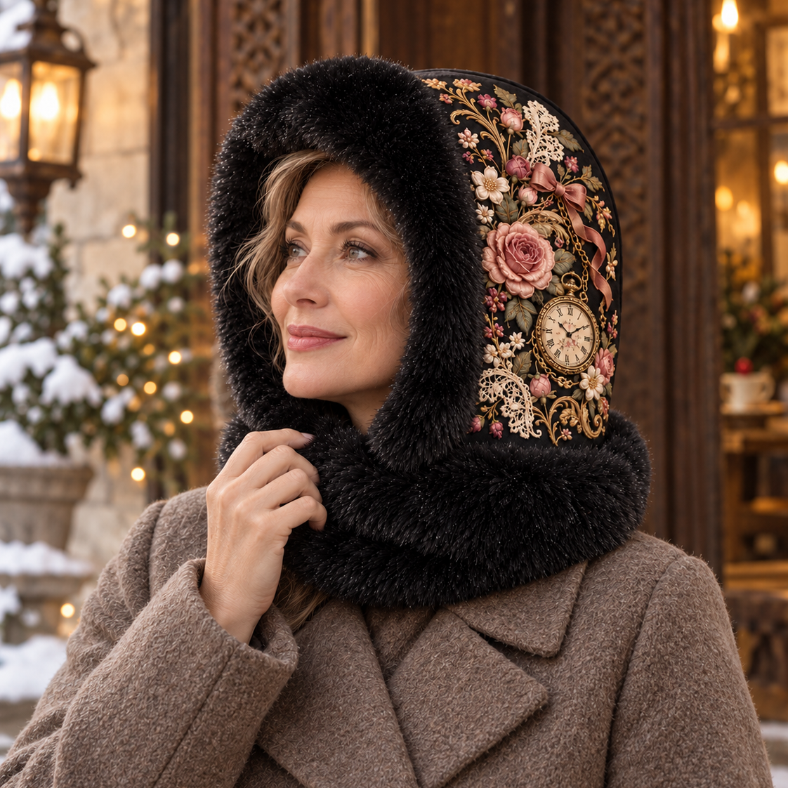 ❄️ Women’s Vintage Floral Plush-Lined Winter Hood