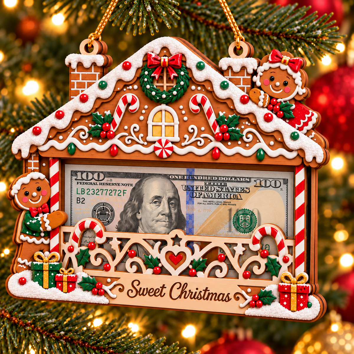 🎄 Wooden Christmas Cash Gift Holder Ornament