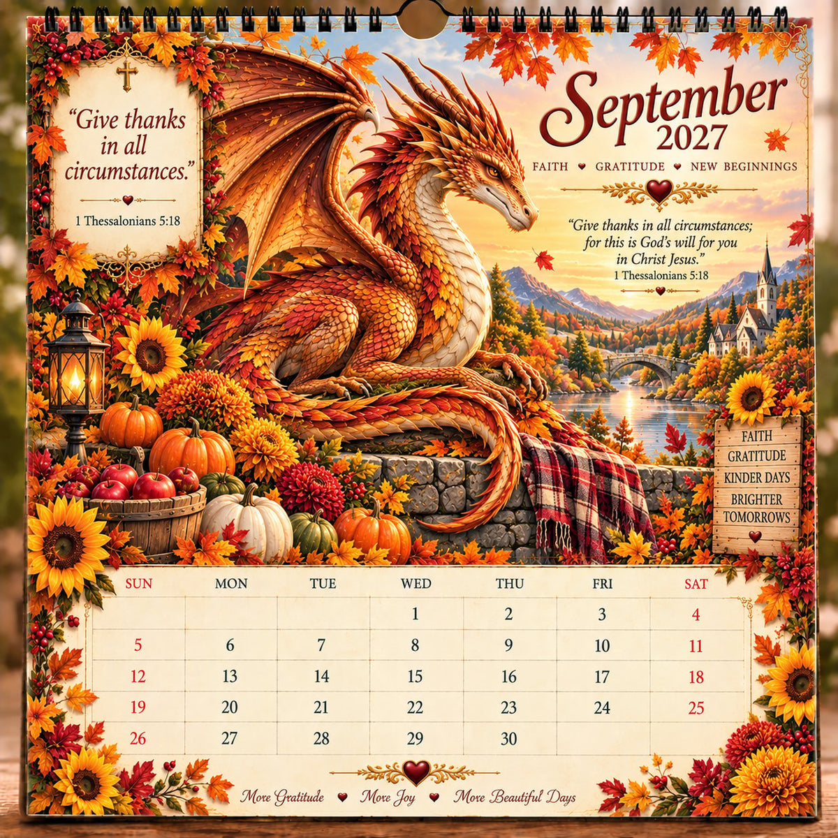 September 2027 calendar featuring a bronze dragon, pumpkins and an autumn harvest landscape