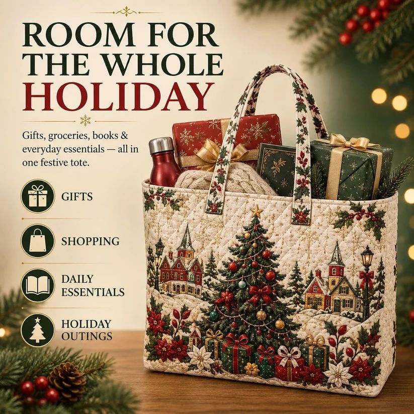 Christmas Quilted Tote Bag – Festive Holiday Shopping & Gift Bag