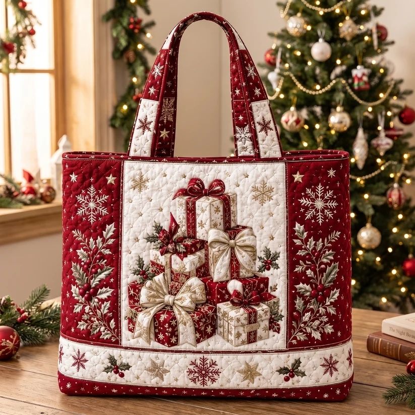 Christmas Quilted Tote Bag – Festive Holiday Shopping & Gift Bag