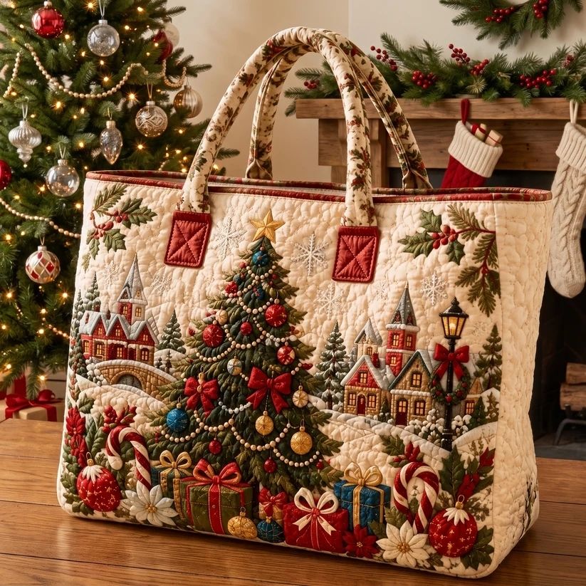 Christmas Quilted Tote Bag – Festive Holiday Shopping & Gift Bag