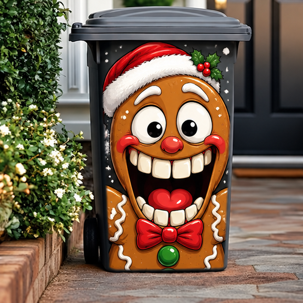 🎄 Funny Christmas Trash Can Decals – Hilarious Holiday Character Stickers for Outdoor Bins