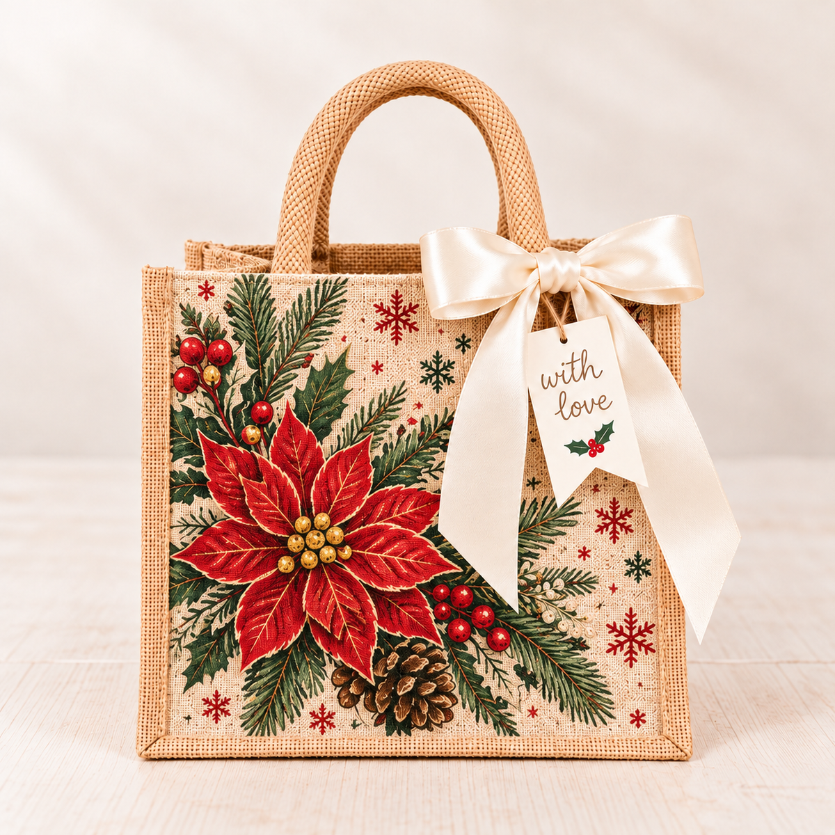 Vintage Christmas Burlap Gift Tote Bag with Satin Bow