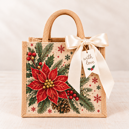 Vintage Christmas Burlap Gift Tote Bag with Satin Bow