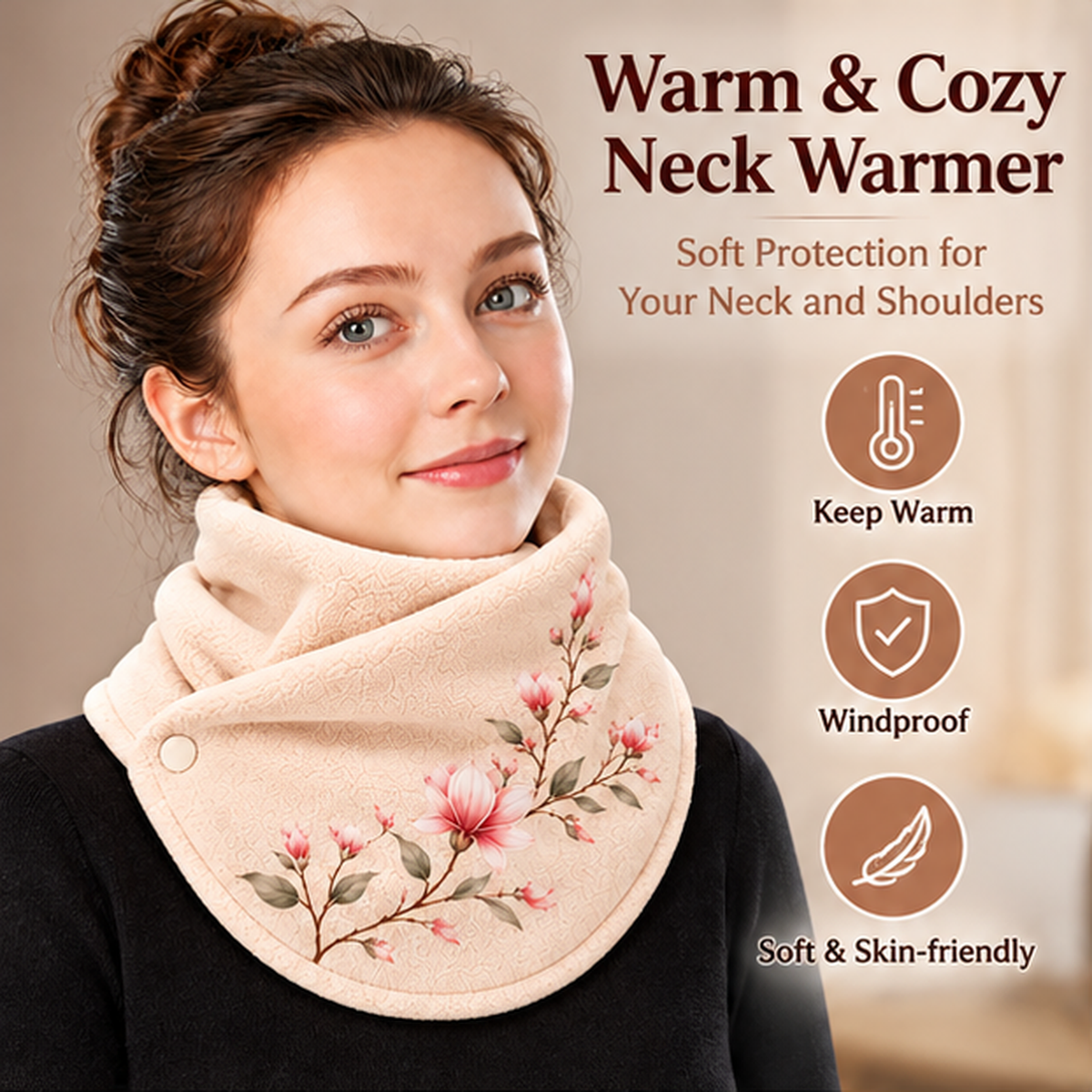 🌸 Elegant Floral Fleece Neck Warmer for Women – Soft & Cozy Winter Scarf